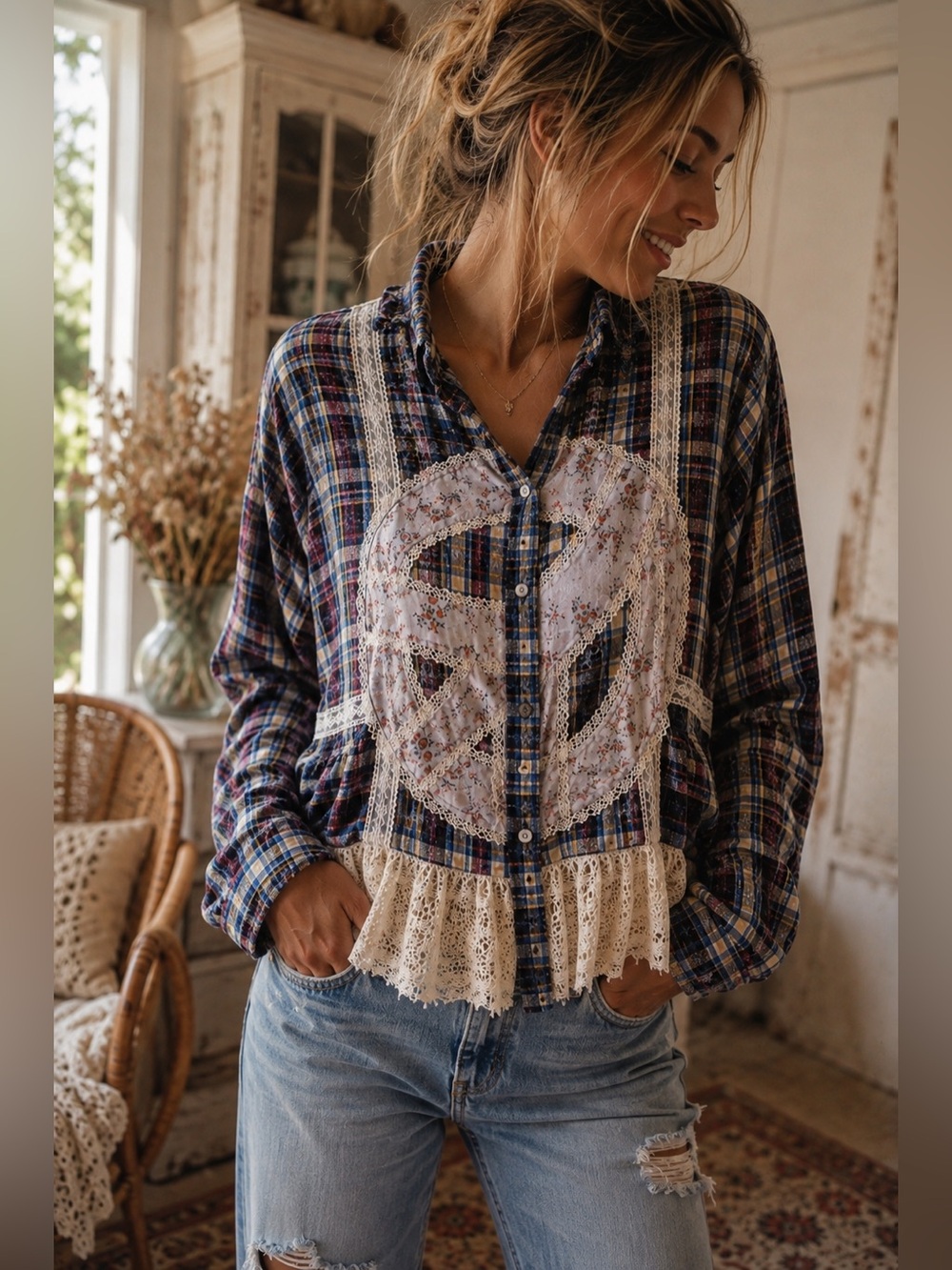 226🌟 Plaid Lace Patchwork Blouse – Boho Romantic
